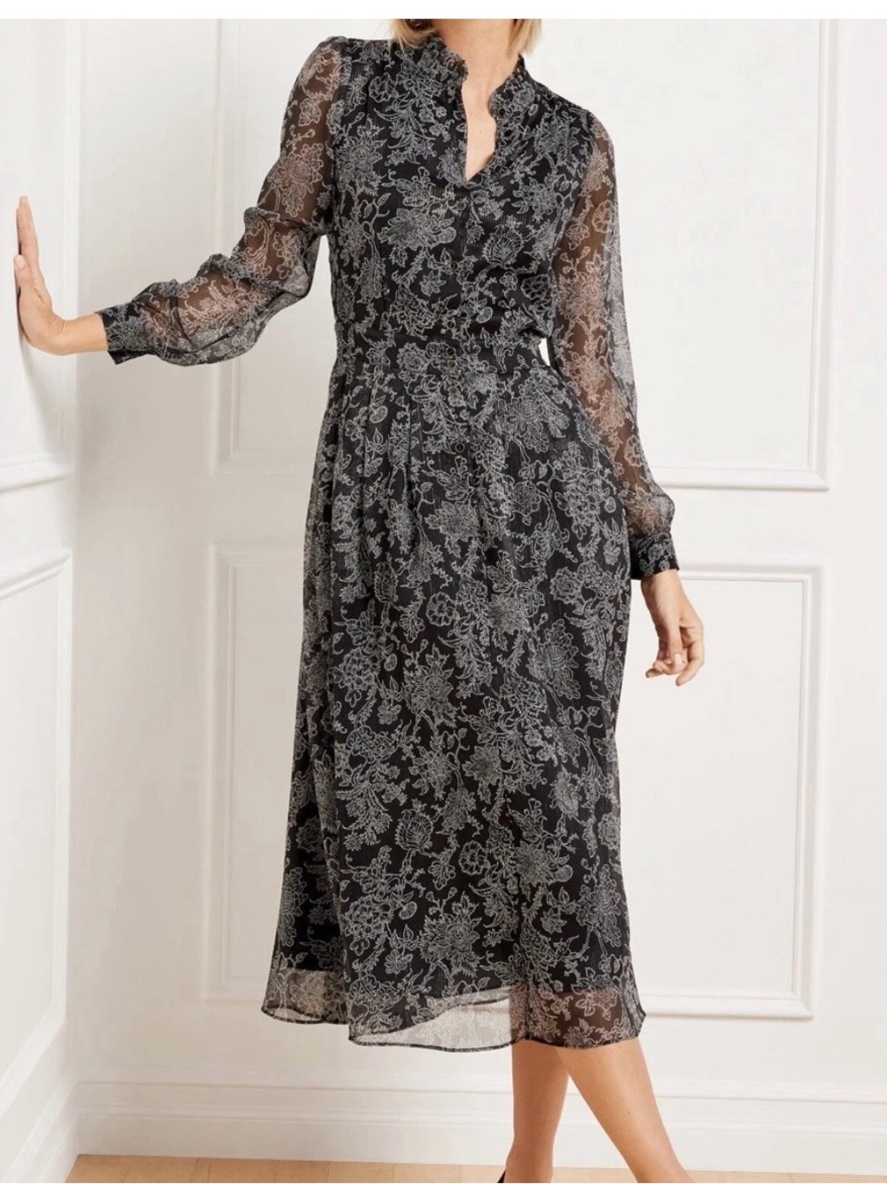 Talbots Black Floral Long-Sleeve Semmi Sheer Midi Dress